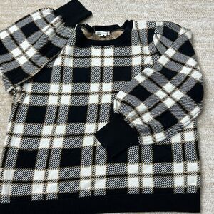 Cato Sweater Women 14 16W Black White Tan Plaid Pullover Crew Neck Long Sleeve